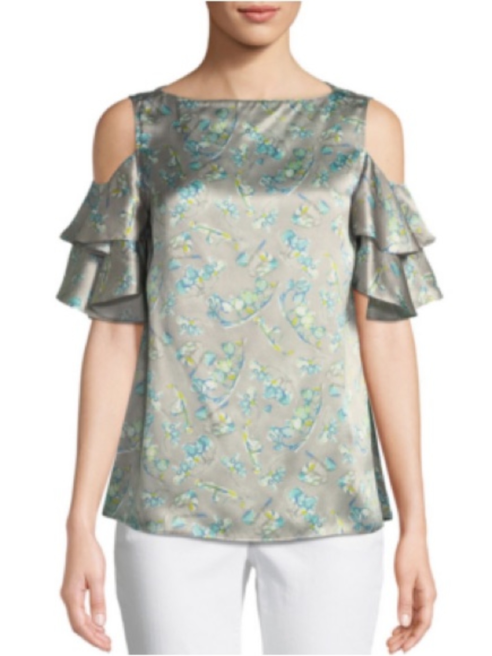 Lafayette 148 New York Layla Floral 100% Silk Cold Shoulder Blouse Ruffle Multi